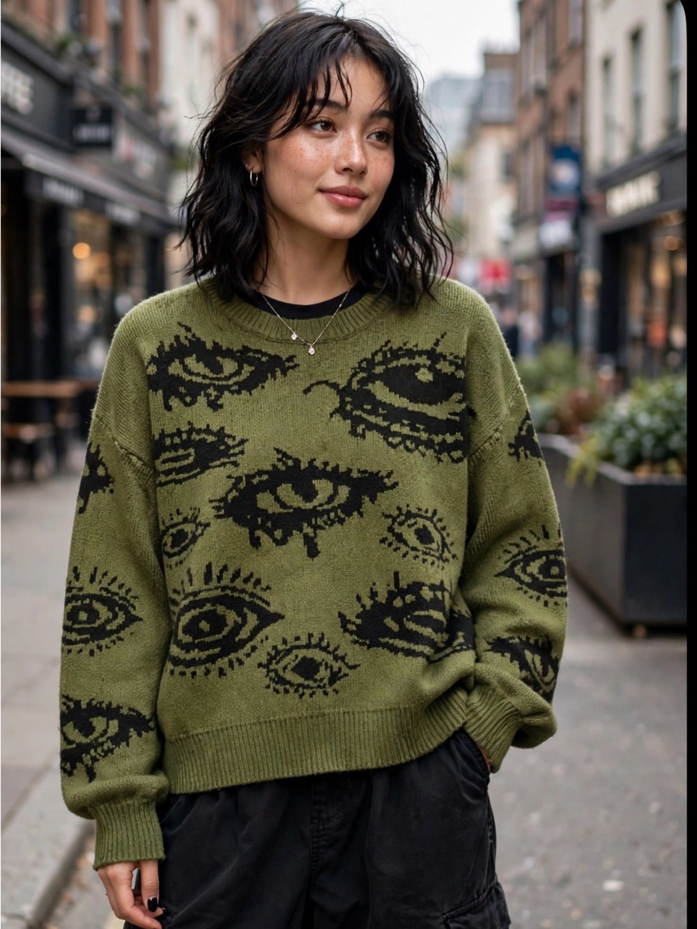 Olive Green Eye-Print Knit Sweater - Women